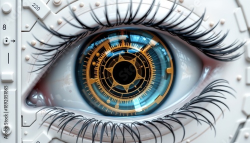 A close up view of an eye with intricate digital designs or machinery around it. This advanced technology integrates into the eye's structure, suggesting a blend of organic and mechanical elements