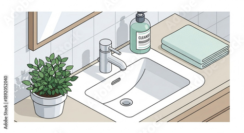 Bathroom sink with soap bottle towels and potted plant on countertop clean and organized