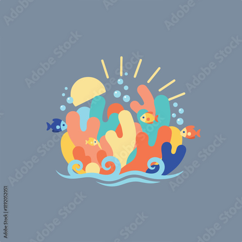 A vibrant flat-style vector illustration showcases an underwater coral reef scene with colorful fish, rising bubbles, and a stylized sun overhead.