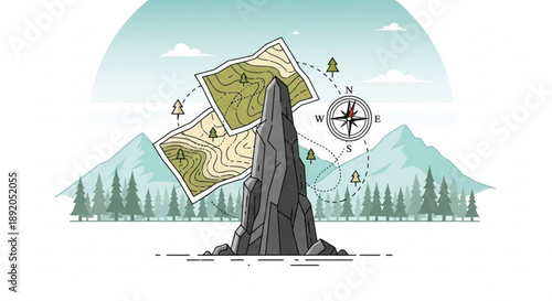 Rock formation with topographic maps and compass in scenic landscape with mountains and trees