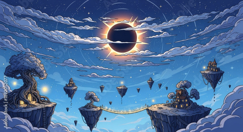 Floating islands with trees and buildings under a solar eclipse in a dreamy sky with clouds and hot air balloons