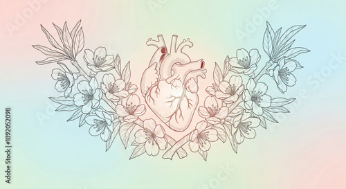 Anatomical heart illustration with floral wreath pastel background love symbol healthy lifestyle concept valentine's day design element