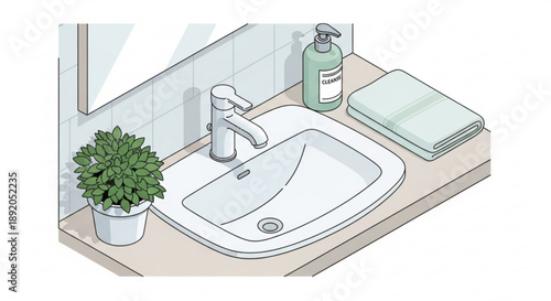 Bathroom sink with soap towels and plant on countertop modern clean design