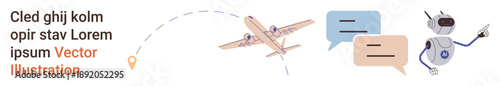 Travel, artificial intelligence, technology, customer service, future communication, automation. Plane with route, chat bot with speech bubbles. Travel and artificial intelligence illustrated
