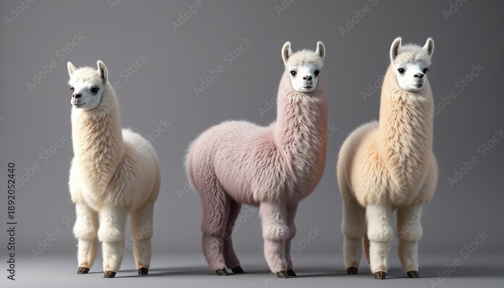 Fototapeta premium Three fluffy alpacas standing against a neutral gray background