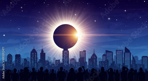 Eclipse over city skyline with crowd watching sun behind dark sphere in night sky with stars