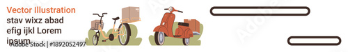 Delivery services, logistics, cargo, online shopping, shipping, eco-friendly vehicles. Two scooters loaded with boxes, side by side. Delivery services and logistics visual