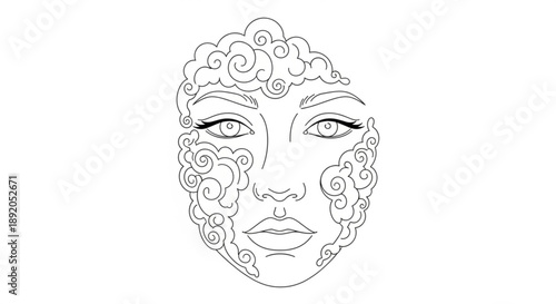 Stylized face with curly hair and swirling patterns on skin black line art on white background
