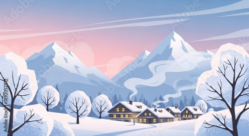 Snowy village at dusk with warmly lit houses and majestic mountains in background