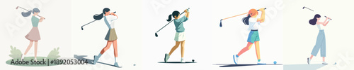 A girl is playing golf in a simple and minimalist flat design vector style