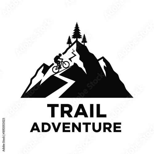 Mountain biking trail adventure logo vector with cyclist silhouette and pine trees