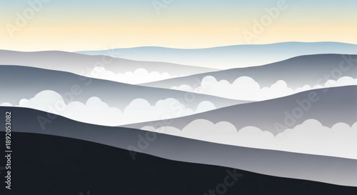 Serene mountain landscape with rolling hills and clouds at sunrise or sunset peaceful natural scenery