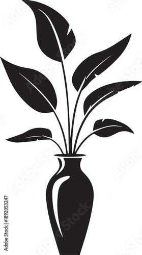 A simple black and white vector illustration of a flowering plant in a vase with leaves and a natural decorative style