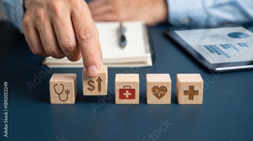 Wooden blocks representing rising healthcare costs with dollar sign arrow and medical symbols on a dark blue desk.