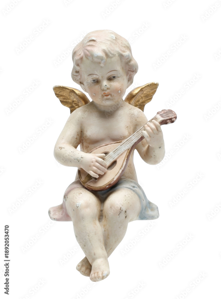 Obraz premium Ceramic angel figurine playing lute isolated. Vintage ornament.