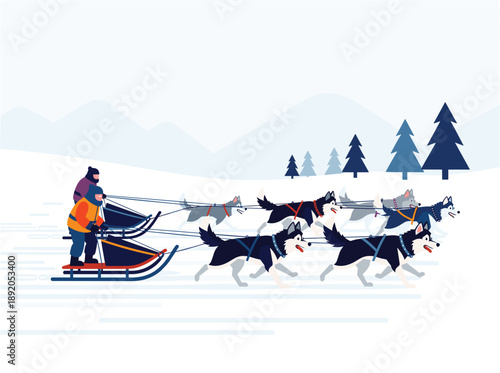 Dog sleds speeding through the snow with mushers and husky dogs. All about greenland Concept. Vector graphic illustration