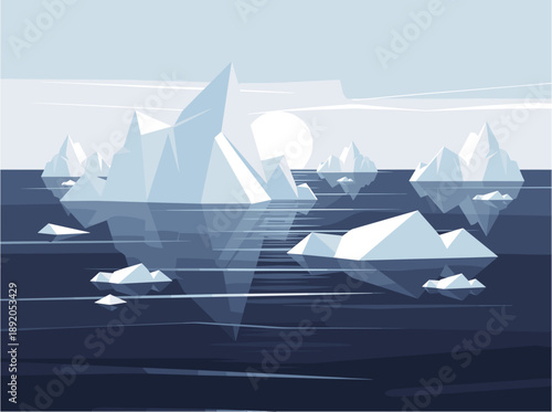 Giant icebergs float in the cold sea, with light reflecting on the water surface. All about greenland Concept. Vector graphic illustration