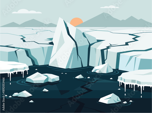 Illustration of melting ice and cracking glaciers as a symbol of the impact. All about greenland Concept. Vector graphic illustration