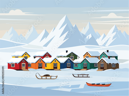 Traditional Inuit settlement with brightly colored houses amidst snow and ice. All about greenland Concept. Vector graphic illustration