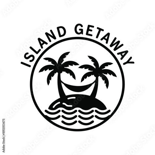 Island getaway vector logo with palm trees, hammock, and ocean waves in black and white