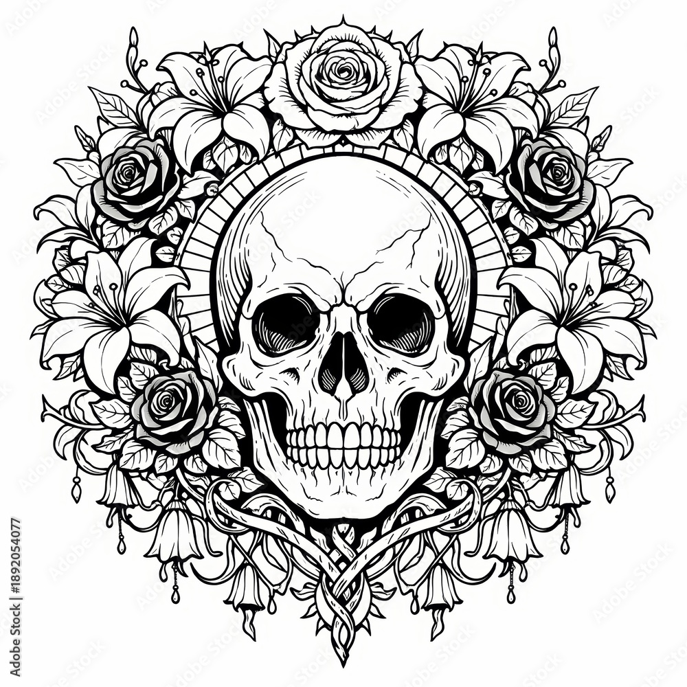 Fototapeta premium Highly detailed black and white artwork featuring a realistic skull surrounded by roses and lilies in an elaborate baroque wreath, perfect for gothic branding.
