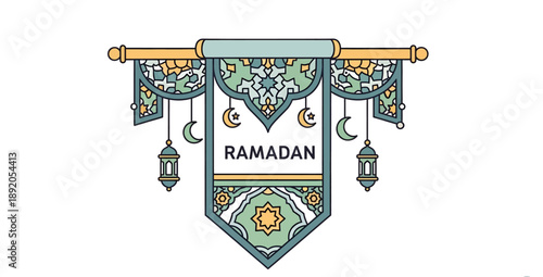 Ramadan Banner with Lanterns and Crescent Moon.