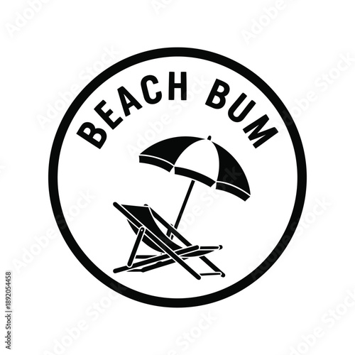 Beach bum vector logo with umbrella and lounge chair in black and white minimalist style