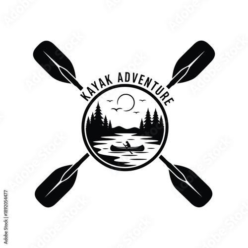 Kayak Adventure Logo Vector with Paddles, Lake, Forest and Moon for Outdoor Branding