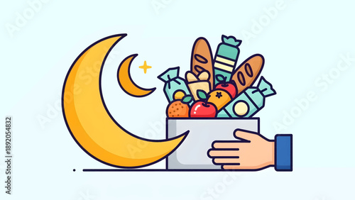Hand holding box of food and crescent moon.