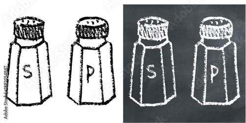 Chalk handdrawn salt and pepper vector for menu designs. Textured seasoning art ideal for bistro boards, recipe cards, and kitchen wall decor.