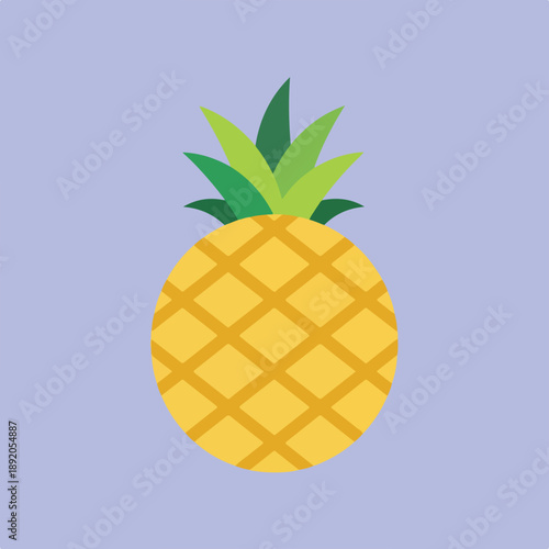 A minimalist flat-design pineapple with vibrant green leaves and a yellow textured body is centered on a solid light purple background.
