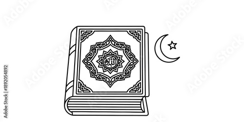 Islamic Quran Book with Crescent Moon Symbol.
