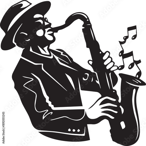 Vector illustration of a jazz band silhouette featuring a musician playing saxophone and a guitarist with a black musical instrument design for a blues concert