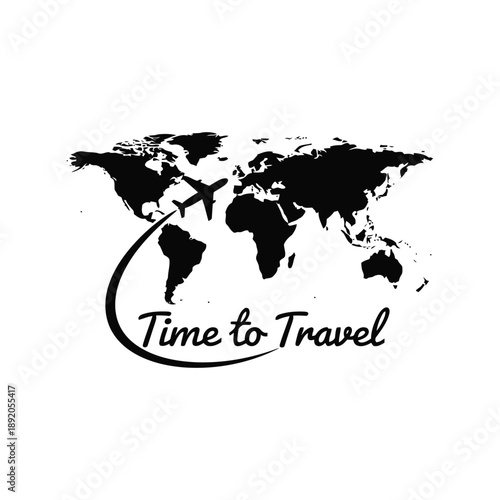 Travel vector with world map, airplane silhouette, and Time to Travel text for tourism design