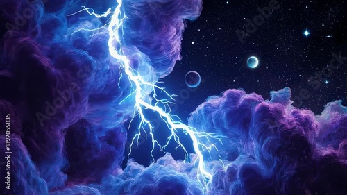 Electric stormy night sky with lightning, purple clouds, and celestial bodies in background for dramatic or sci-fi use