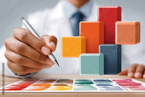 Professional hand with pen and vibrant color blocks, demonstrating design planning and color palette development © Georgii