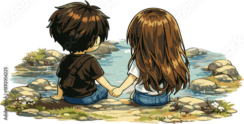 Couple Sitting by the River Illustration