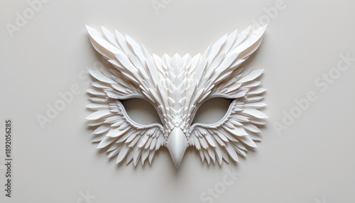 Wallpaper Mural An owl mask hanging against a plain background. The mask is intricately detailed with a large central wing pattern, and it appears to be made from paper or cardstock given its textured appearance Torontodigital.ca