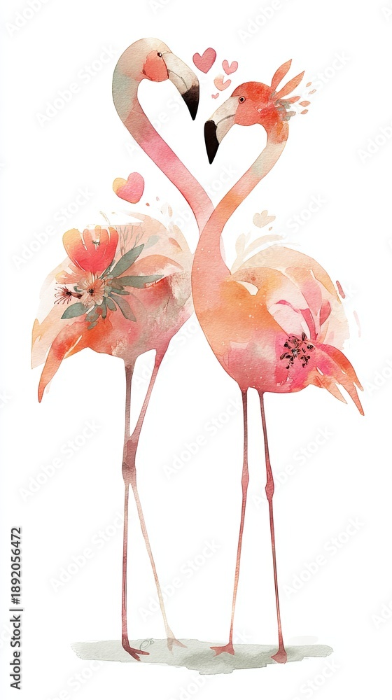 Obraz premium Two romantic flamingos are intertwined, adorned with floral elements and hearts, showcasing a vibrant and whimsical watercolor style.
