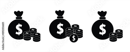 Money bag black line with dollar icon set. Money, budget, savings, loan, cash, earning, income, wallet, currency, dollar, coin, forex, revenue, profit icons. Finance business line icon collection.