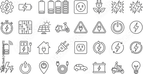 Electric energy and renewable power outline icon set featuring battery, charging, solar panel, electric vehicle, plug, lightning, eco energy symbols, minimal line vector collection