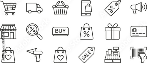 Minimal ecommerce and retail line icons set featuring shopping cart, delivery, discounts, mobile payments, sale tags, gift boxes, barcode scanner, marketing symbols
