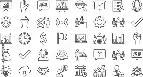 Minimal business and teamwork line icons set featuring analytics, leadership, communication, strategy, finance, productivity, collaboration symbols for corporate presentations, web design, mobile apps
