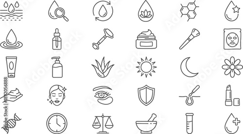 Minimal skincare and cosmetic line icons set featuring hydration, serum, sunscreen, natural ingredients, beauty tools, dermatology symbols for branding, packaging, web design, wellness marketing.