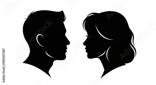 Silhouette profiles of a man and woman facing each other.