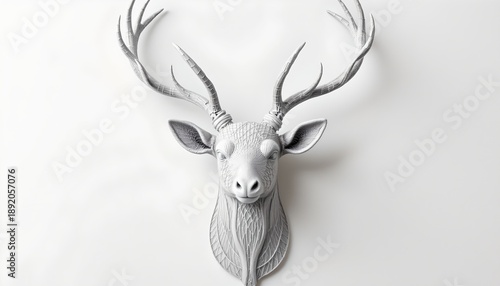 Wallpaper Mural A mounted deer head. The deer has large antlers, and its face appears to be made from wood, with the texture suggesting a rustic style Torontodigital.ca