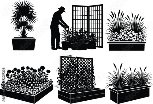 Container gardening silhouette, raised bed, potted plants, trellis garden, urban horticulture, plant care, decorative foliage, flavector