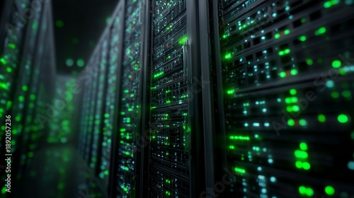 Server Racks with Blinking Green Lights in Data Center / データセンターで点滅する緑のライトのサーバーラック6