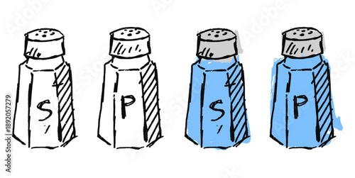 Grunge sketch handdrawn salt and pepper vector for edgy menus. Messy ink style shakers ideal for rock bars, spice labels, and kitchen art. Dirty texture.