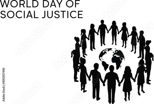 Graphic celebrating world day of social justice featuring diverse silhouettes of people standing together hand in hand forming a circle around a depiction of the planet earth.